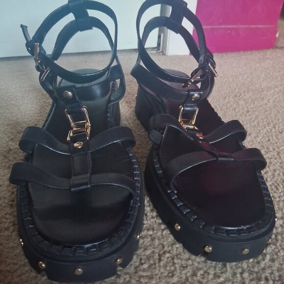 ASOS Design Forrest Leather Chunky Strappy Sandals Black and Gold | size 12 Wide - Picture 2 of 5